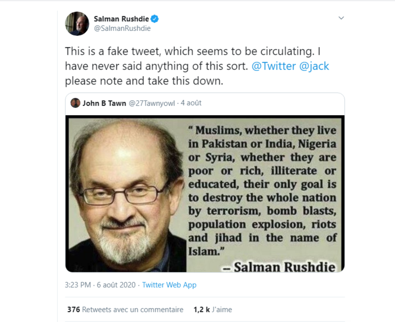 Salman Rushdie demande la suppression d'une fausse citation islamophobe sur Twitter